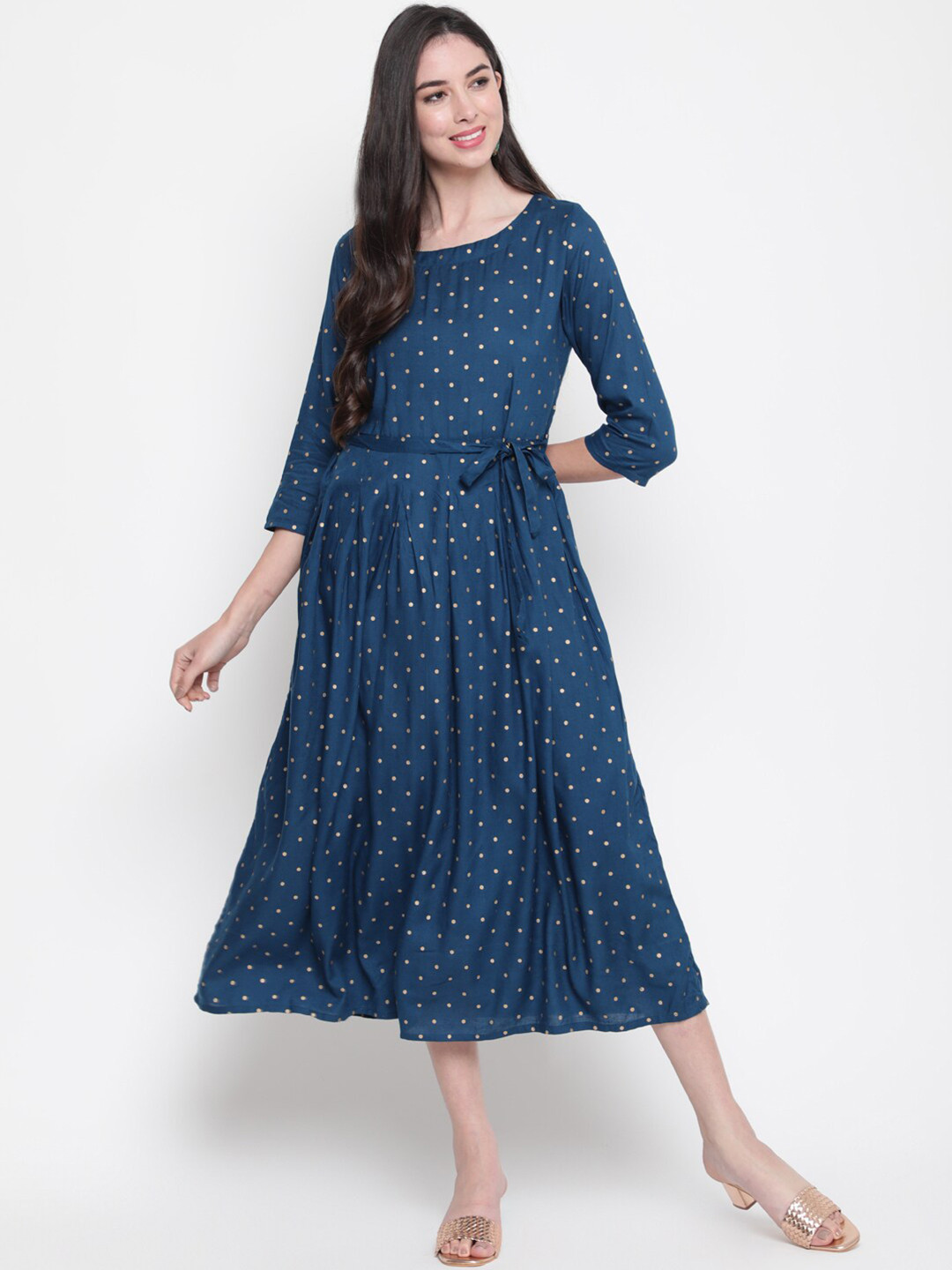 GLAM ROOTS Blue Polka Dot A-Line Midi Dress