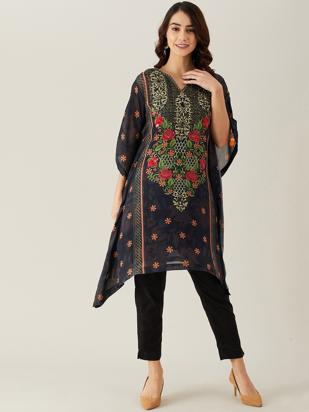 The Kaftan Company Women Black Floral Embroidered Flared Sleeves Kaftan Kurta