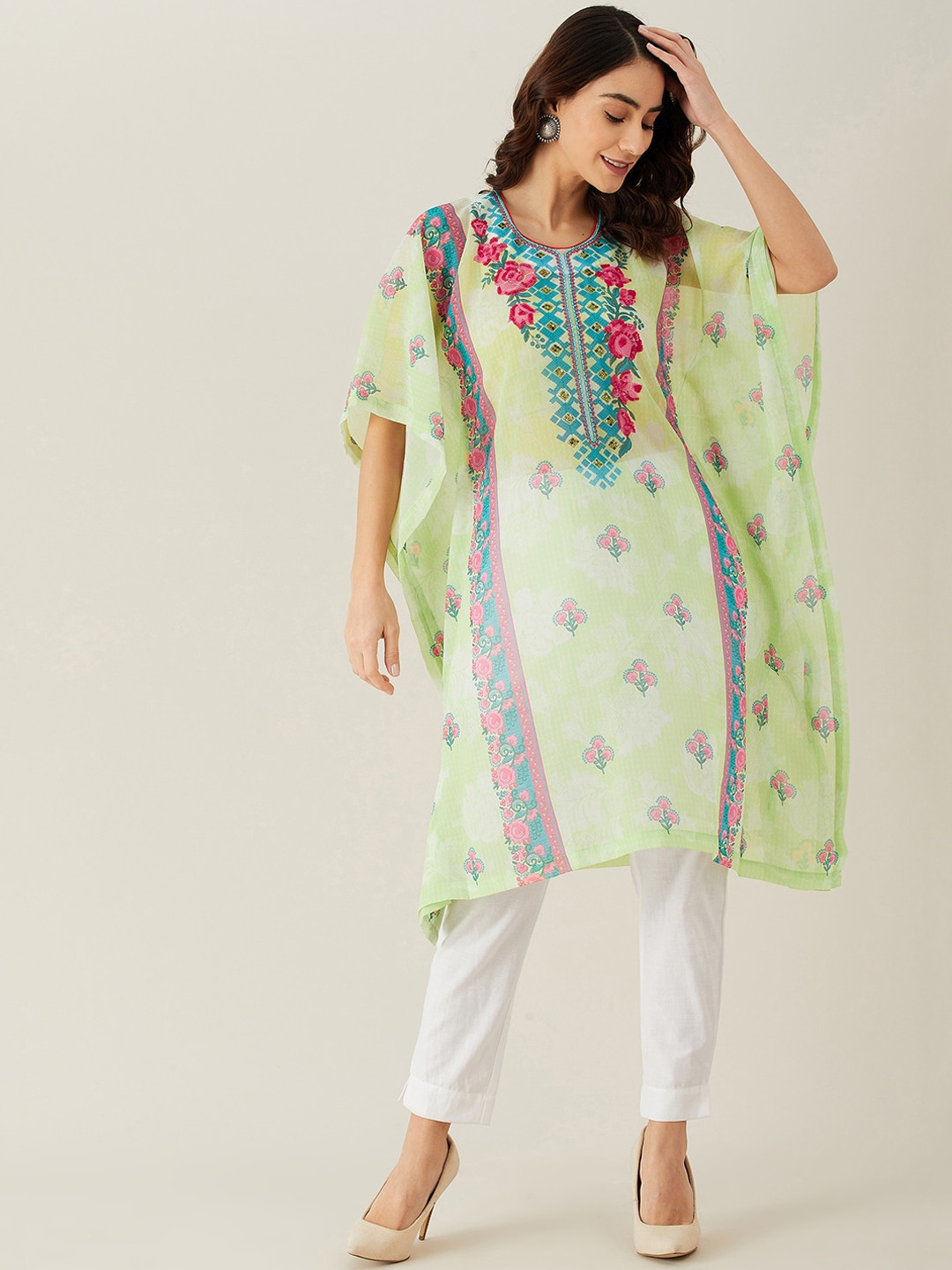 The Kaftan Company Women Green Embellished & Embroidered Kaftan Kurta