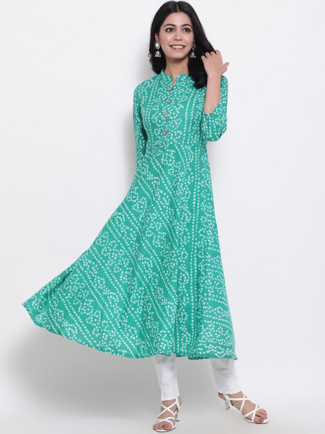 GLAM ROOTS Green Ethnic Motifs Midi Dress