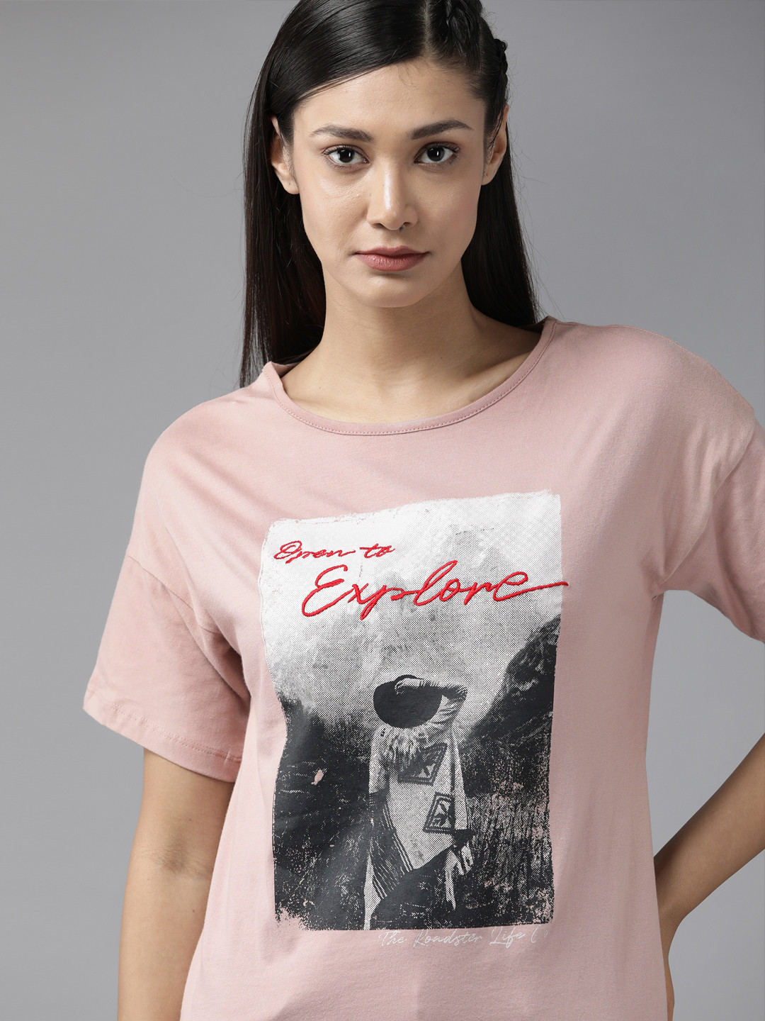 Roadster Women Dusty Pink Graphic Printed Embroidered Detail Drop-Shoulder Cotton T-shirt