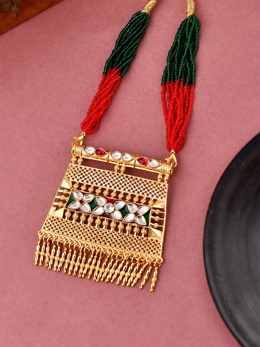 Silvermerc Designs Gold-Toned & Red Brass Gold-Plated Meenakari Necklace
