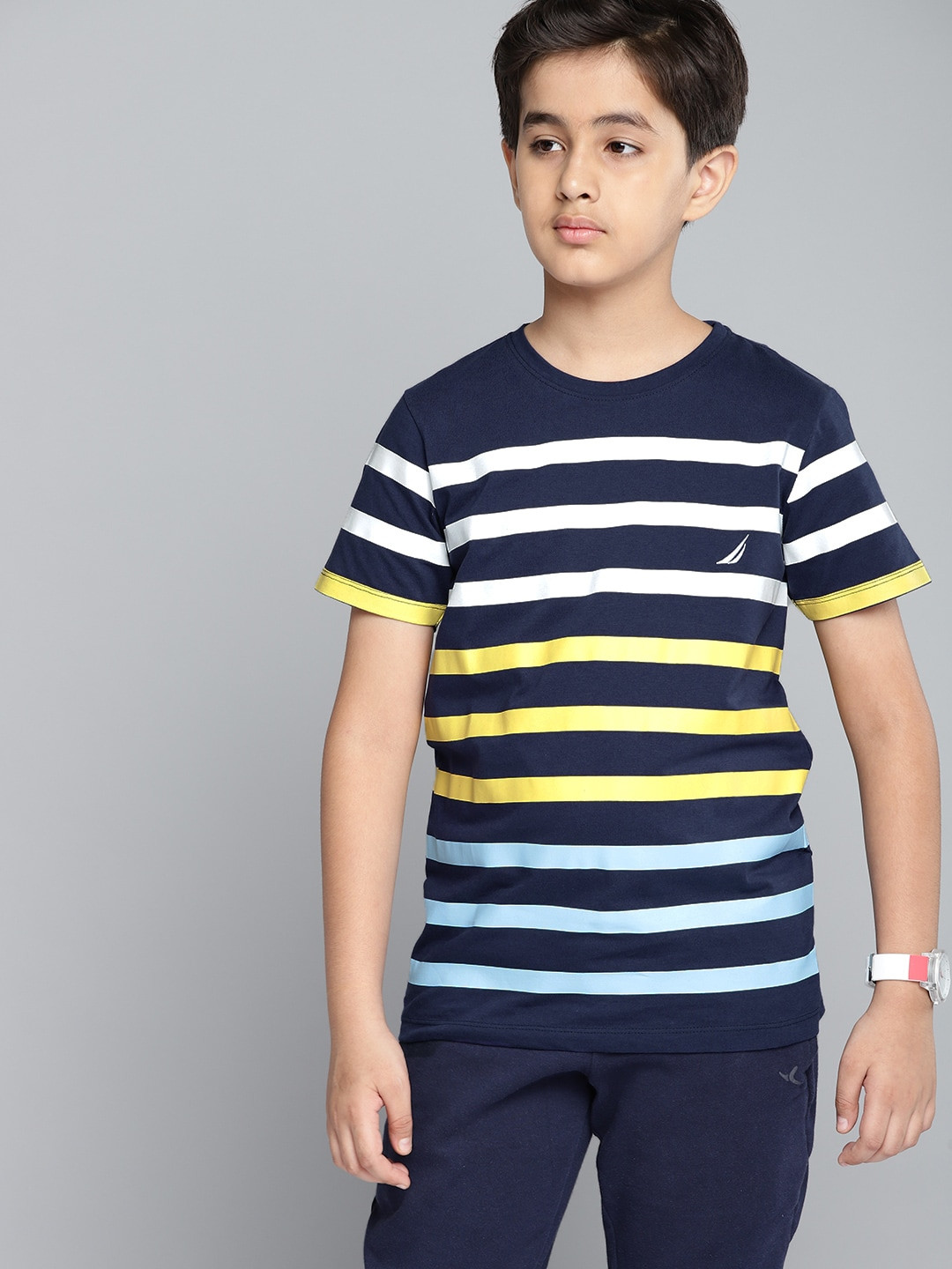 Nautica Boys Navy Blue & White Striped Round Neck  Cotton T-shirt