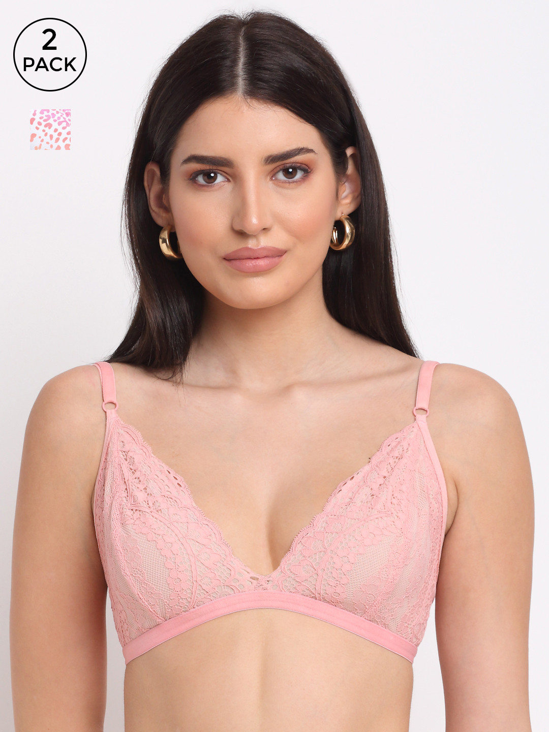 Aoba Pink Set Of 2 Floral Lace Non-Padded Bralette Bra