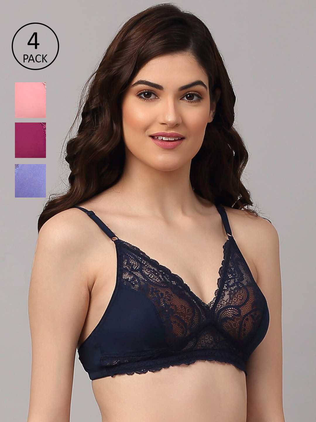 Aoba Multi Color Set Of 4 Floral Lace Non-Padded Bralette Bra