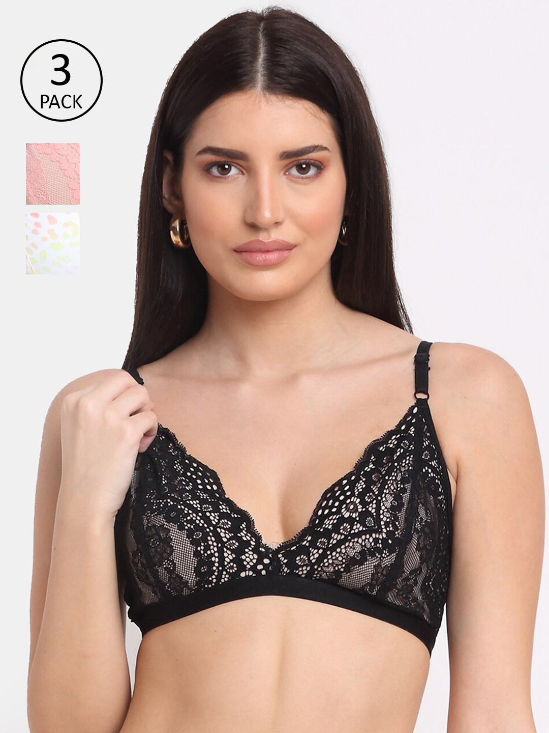 Aoba Pink & White Set of 3 Floral Embellished Bralette Bra