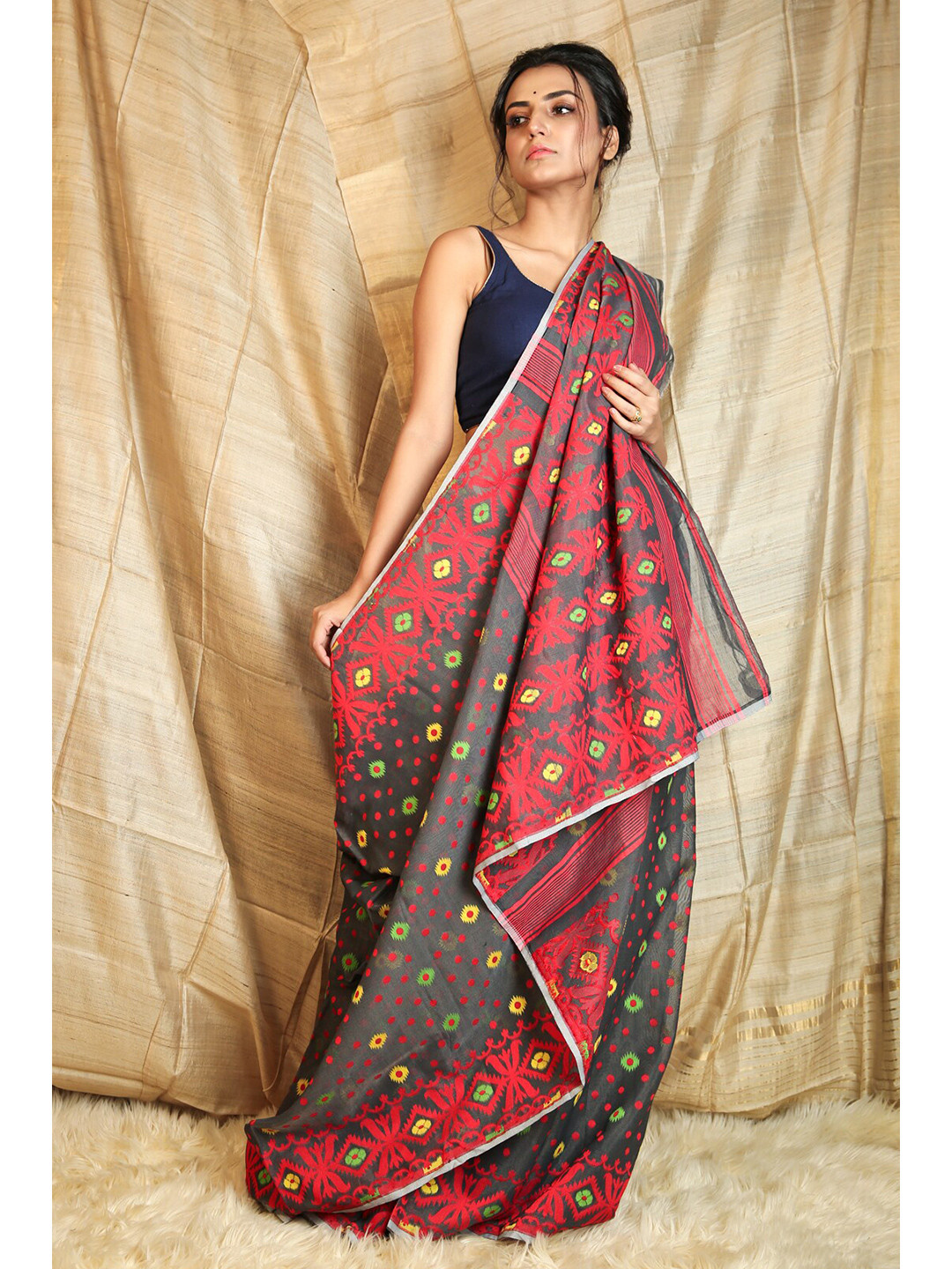 Charukriti Grey & Multi Color Abstract Woven Design Silk Cotton Jamdani Saree