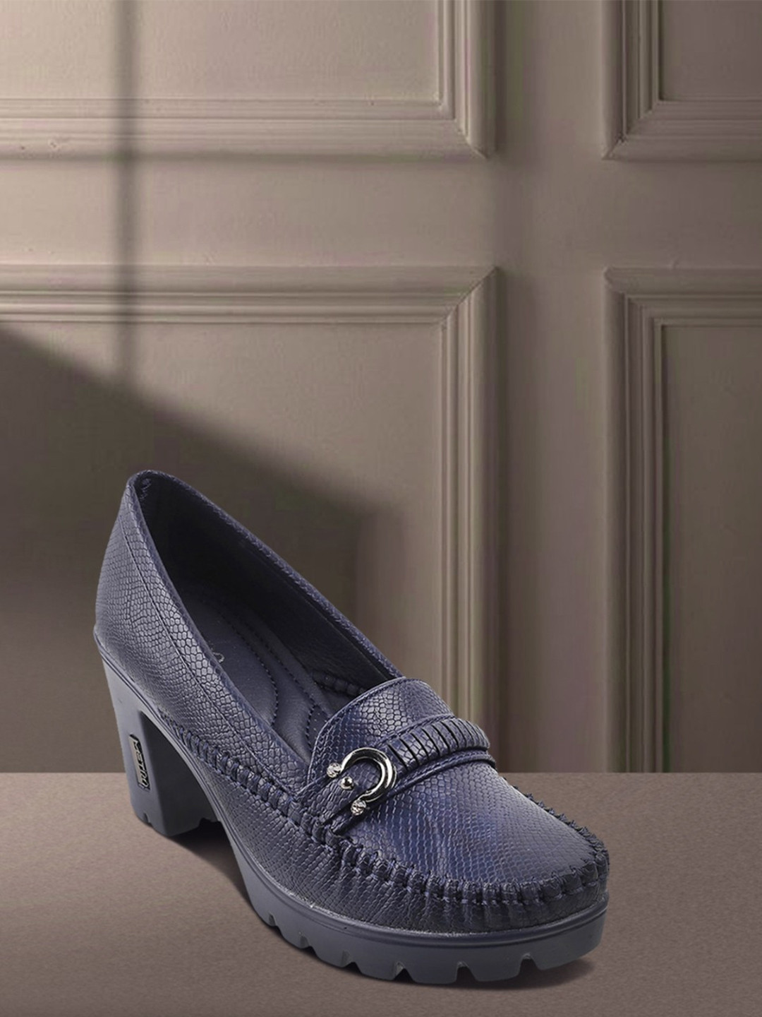 Metro Navy Blue Textured Block Pumps