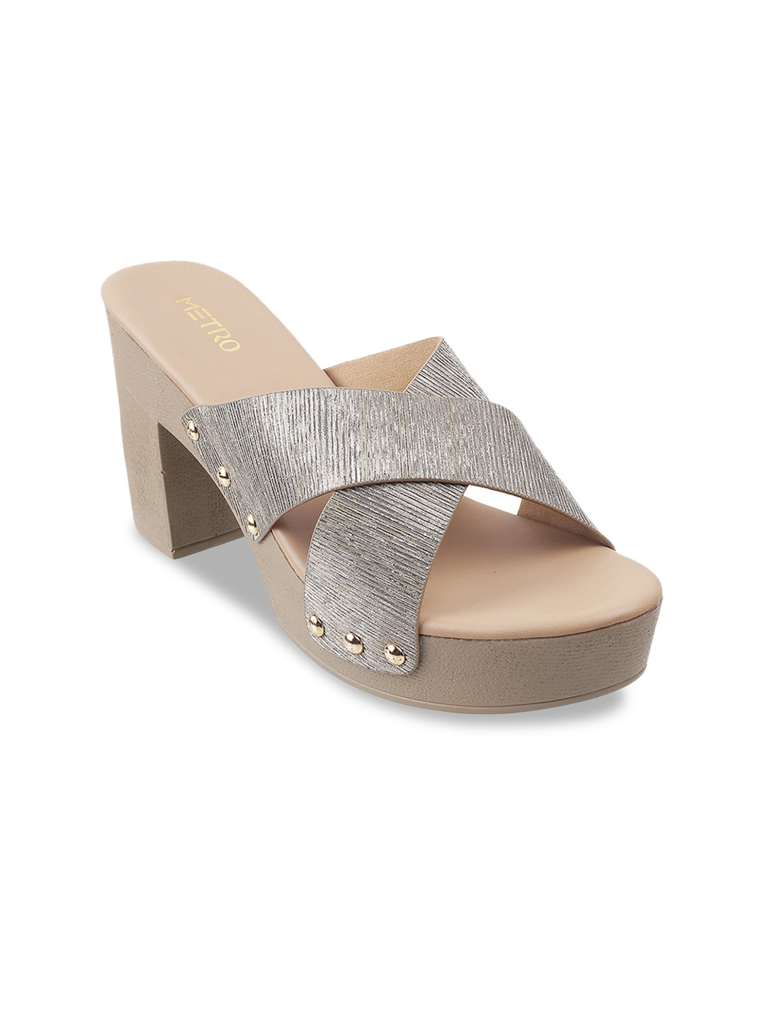 Metro Silver-Toned Textured Block Sandals