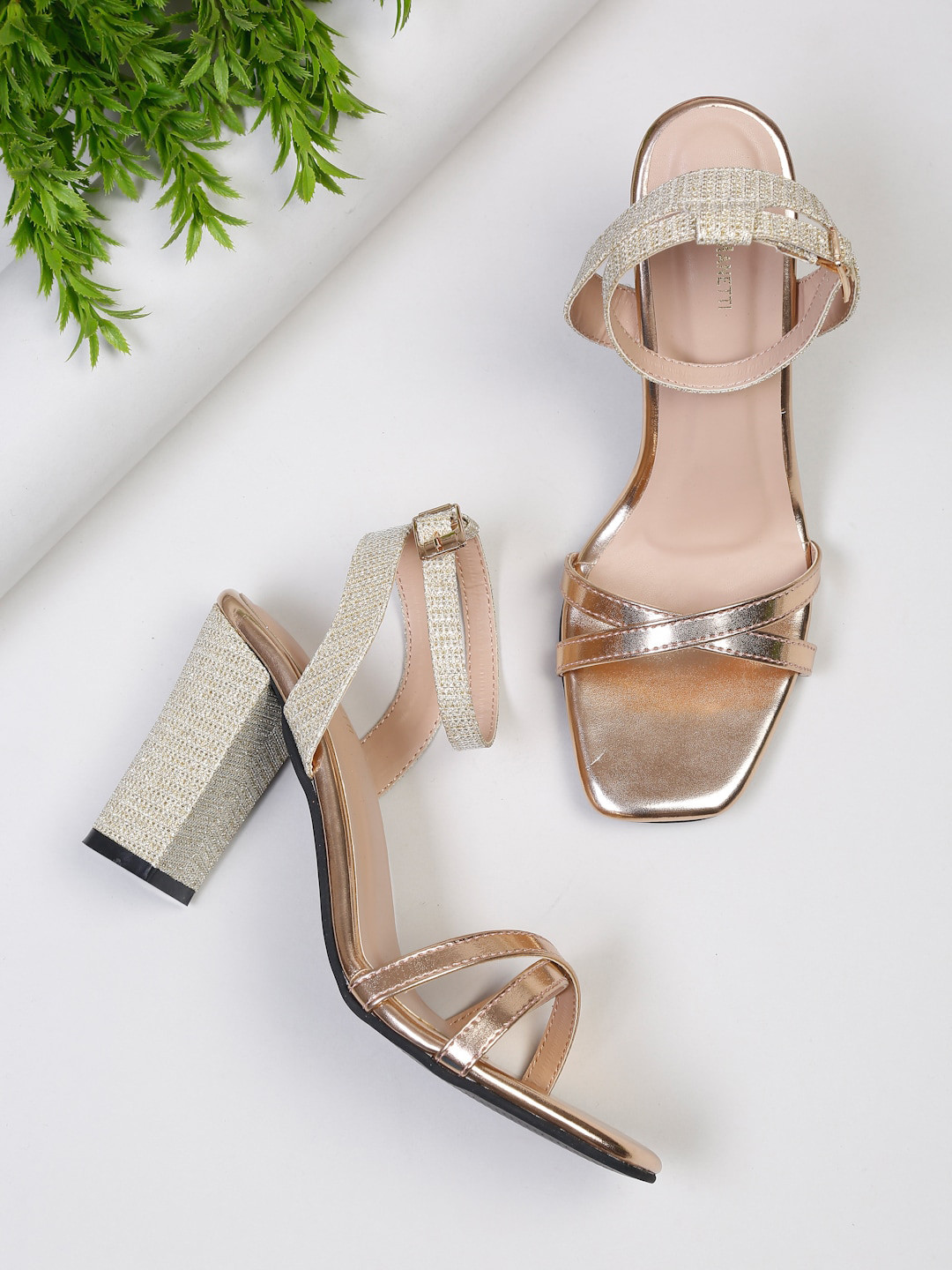 Bruno Manetti Gold-Toned PU High-Top Block Peep Toes with Buckles