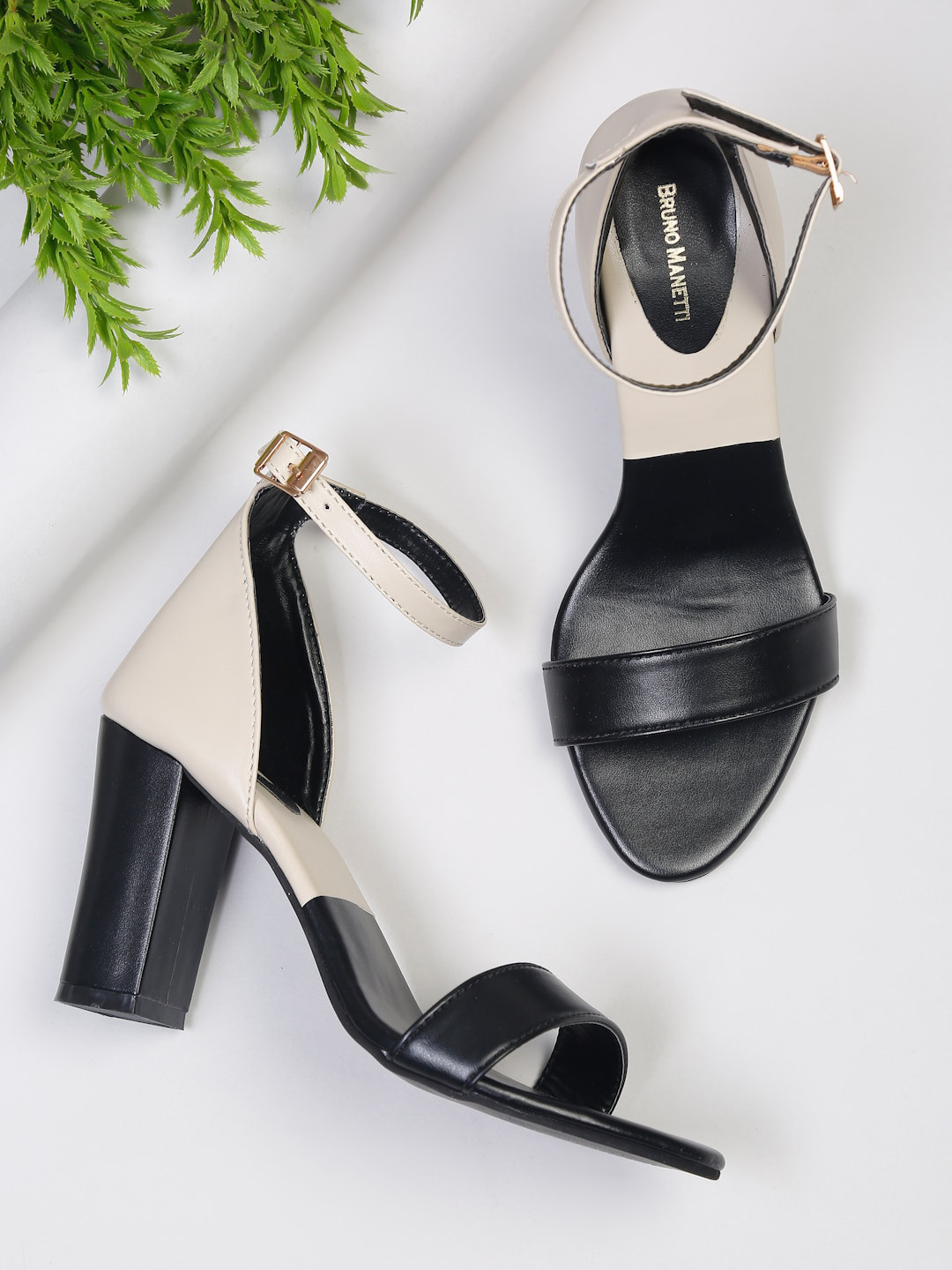 Bruno Manetti Black & Beige PU High-Top Block Heeled Boots