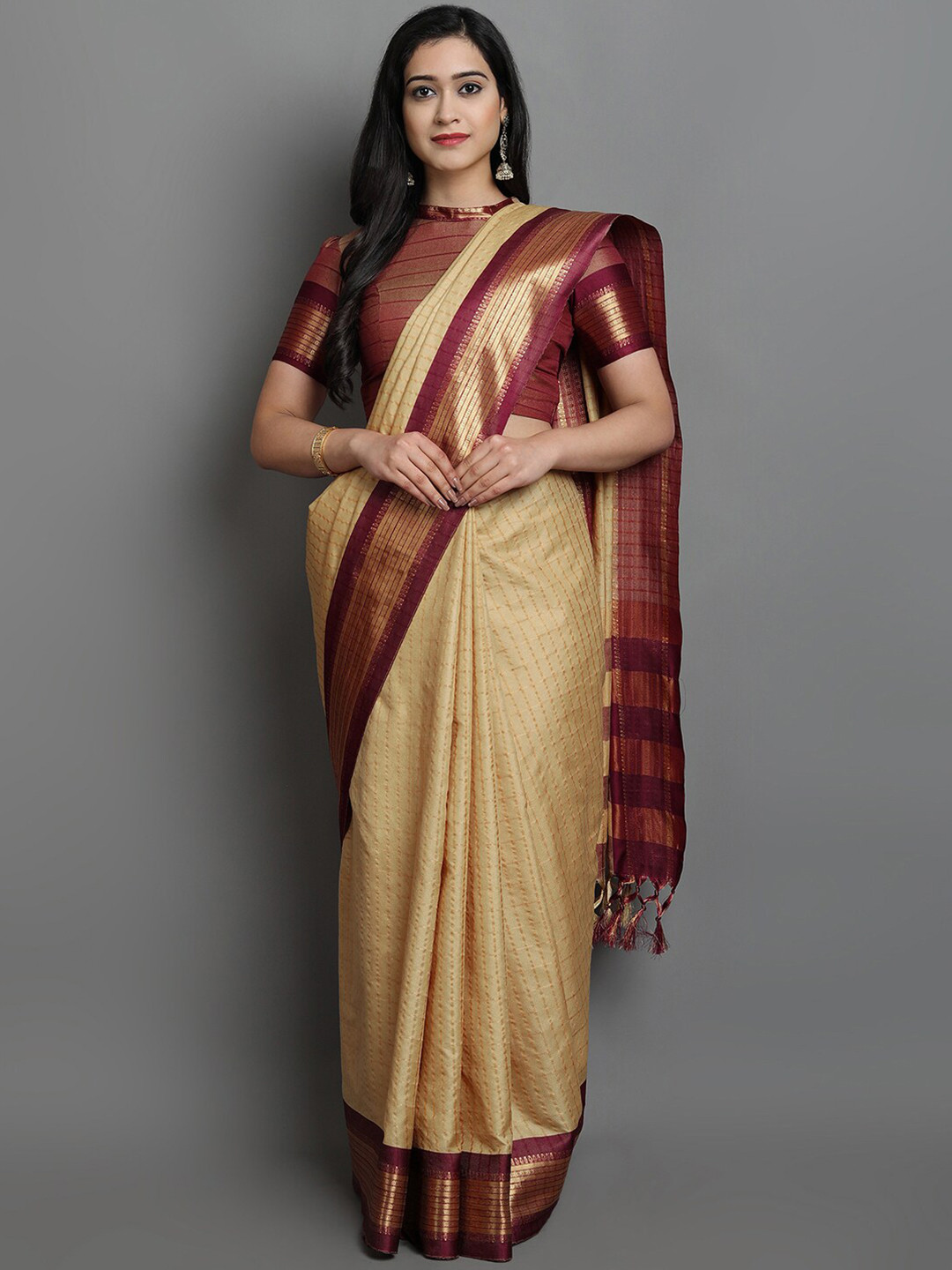 KALINI Beige & Maroon Checked Zari Ikat Saree