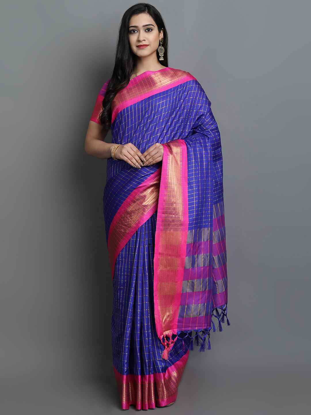 KALINI Blue & Pink Checked Ikat Saree