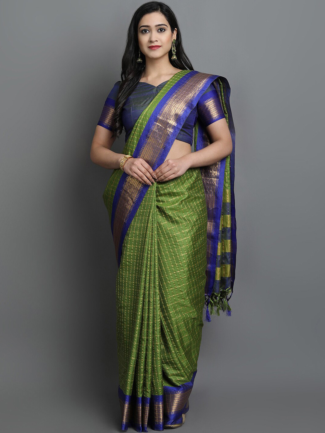 KALINI Fluorescent Green & Blue Checked Ikat Saree