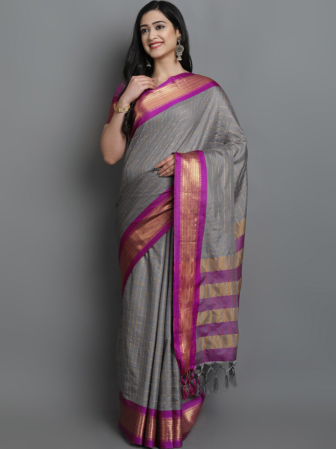 KALINI Grey & Purple Checked Zari Ikat Saree
