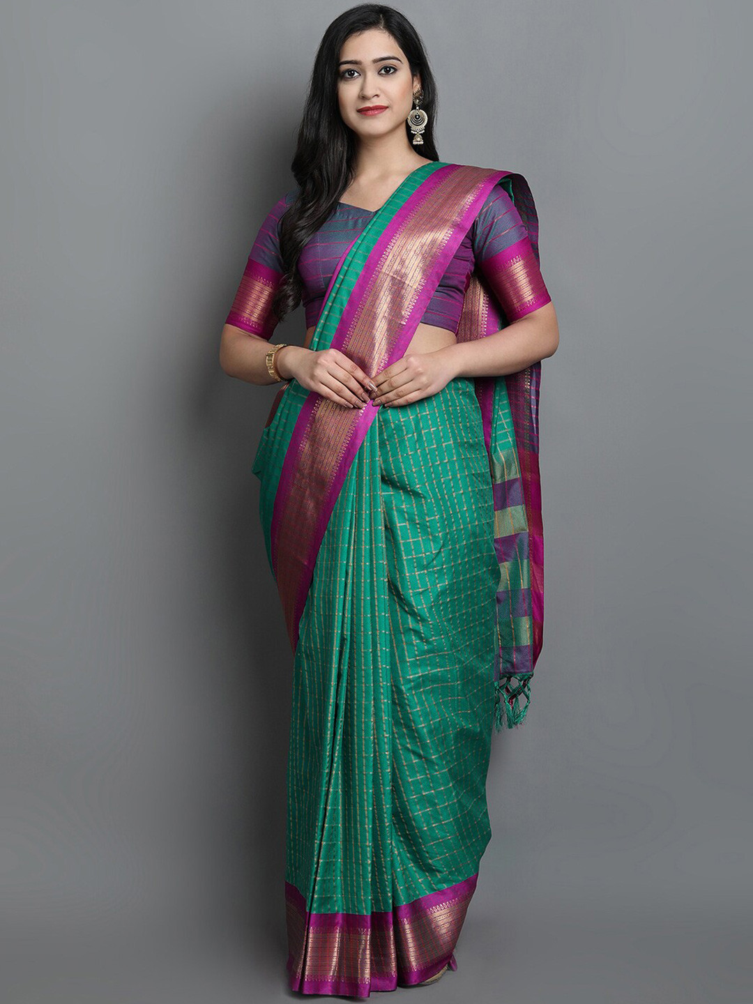 KALINI Green & Purple Checked Zari Ikat Saree