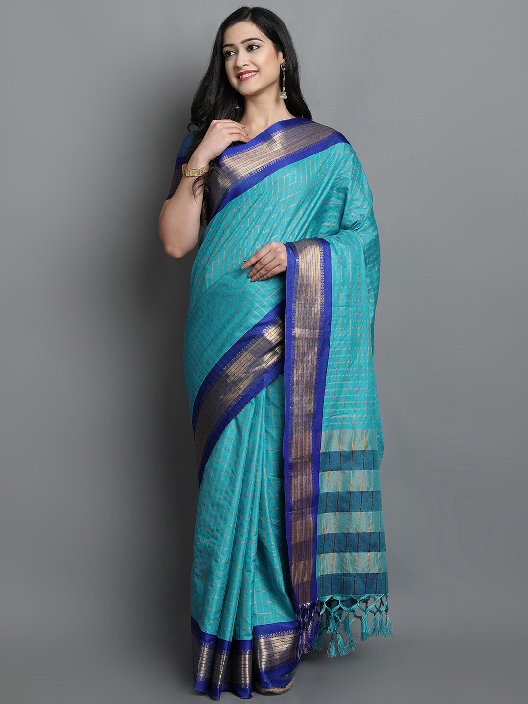KALINI Turquoise Blue & Gold Checked Ikat Saree