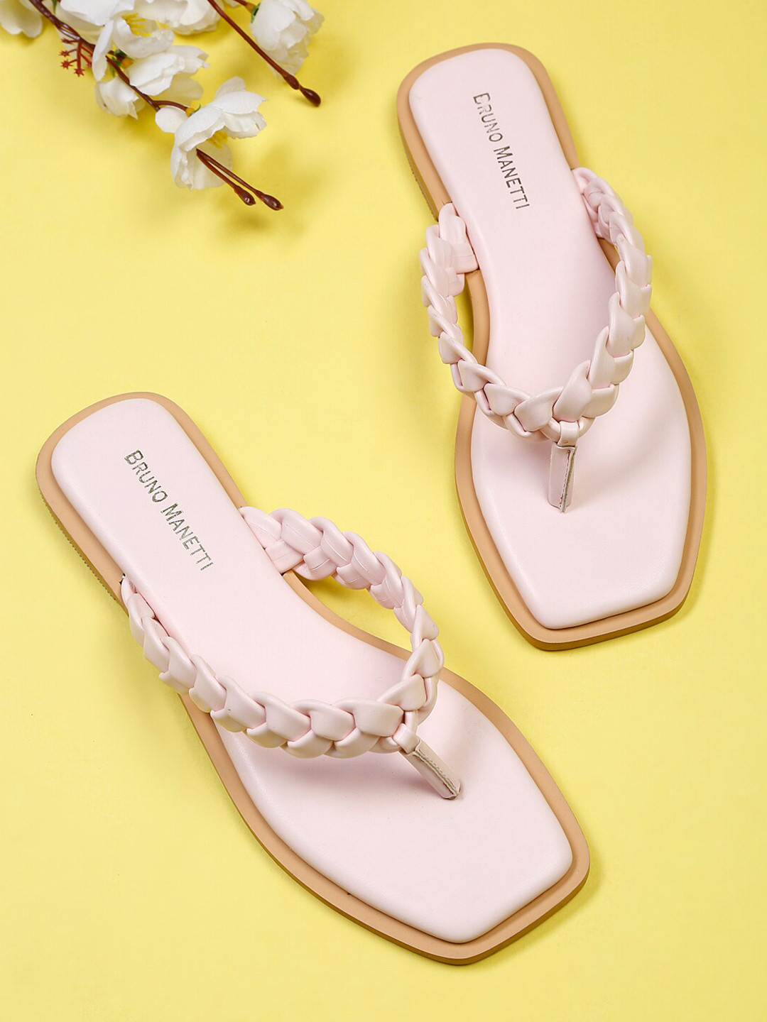 Bruno Manetti Women Pink & Tan T-Strap Flats