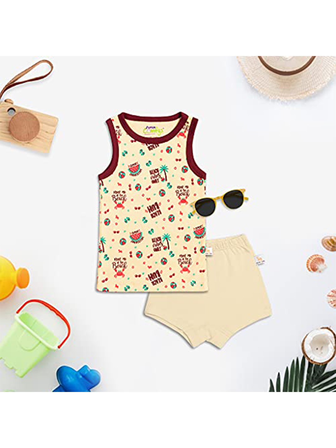 SuperBottoms Kids Beige & Maroon Printed T-shirt & Shorts Co-Ord Set