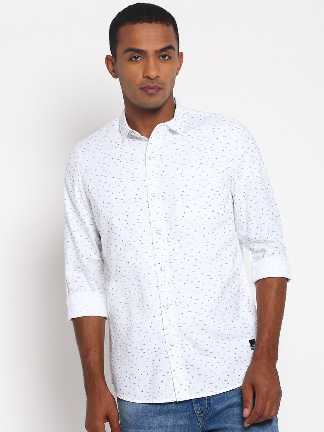 Lee Men White & Black Classic Slim Fit Printed Cotton Casual Shirt