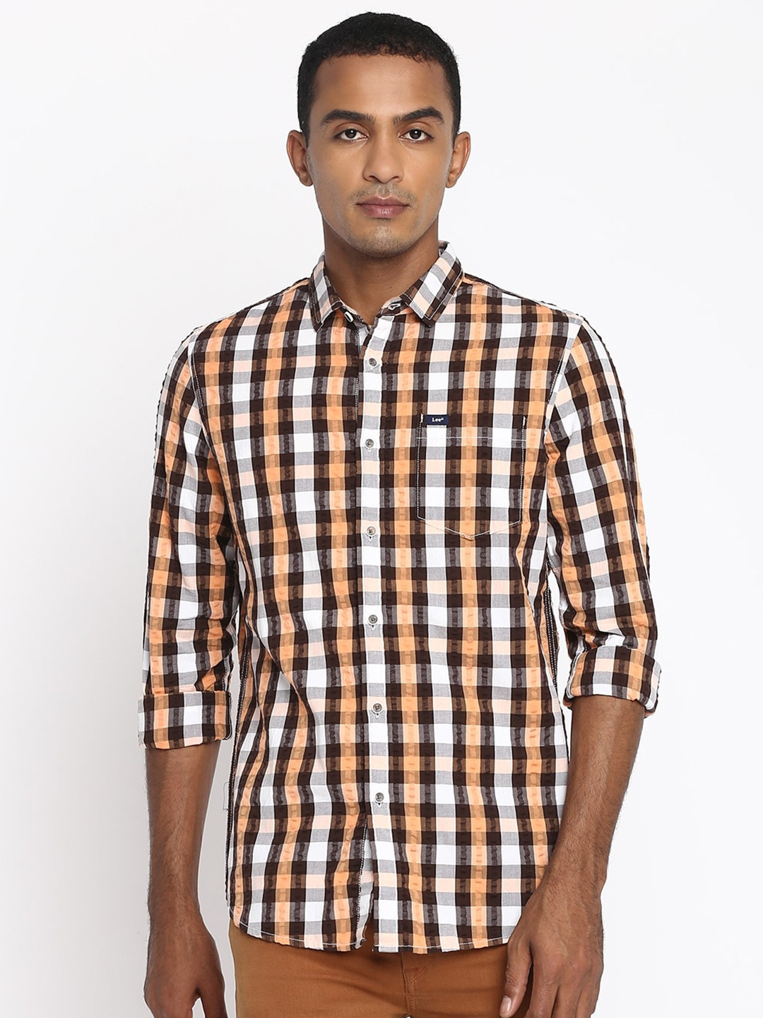 Lee Men Orange & Brown Classic Slim Fit Gingham Checked Casual Shirt
