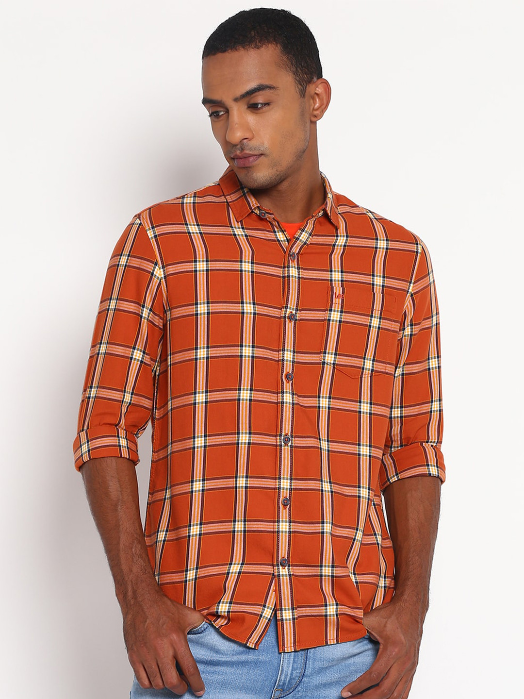 Lee Men Rust & Yellow Classic Slim Fit Checked Cotton Casual Shirt