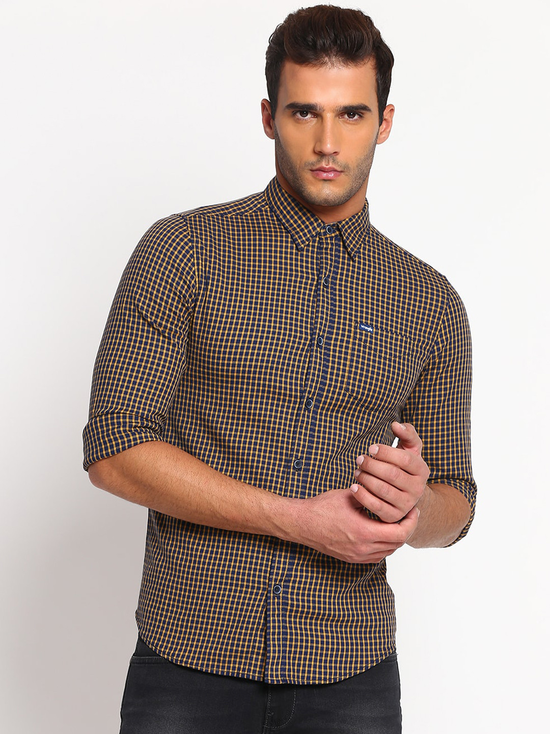 Wrangler Men Navy Blue & Mustard Yellow Slim Fit Micro Checked Printed Casual Shirt
