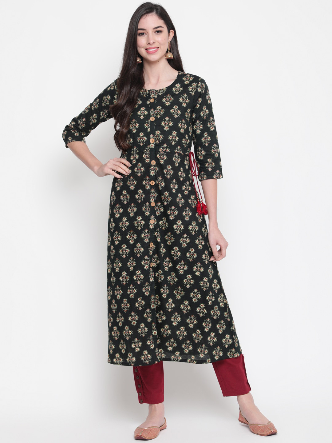 GLAM ROOTS Women Green Ethnic Motifs Printed Kurta