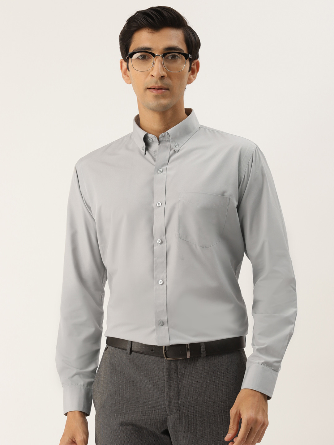 English Navy Men Grey Solid Slim Fit Formal Shirt