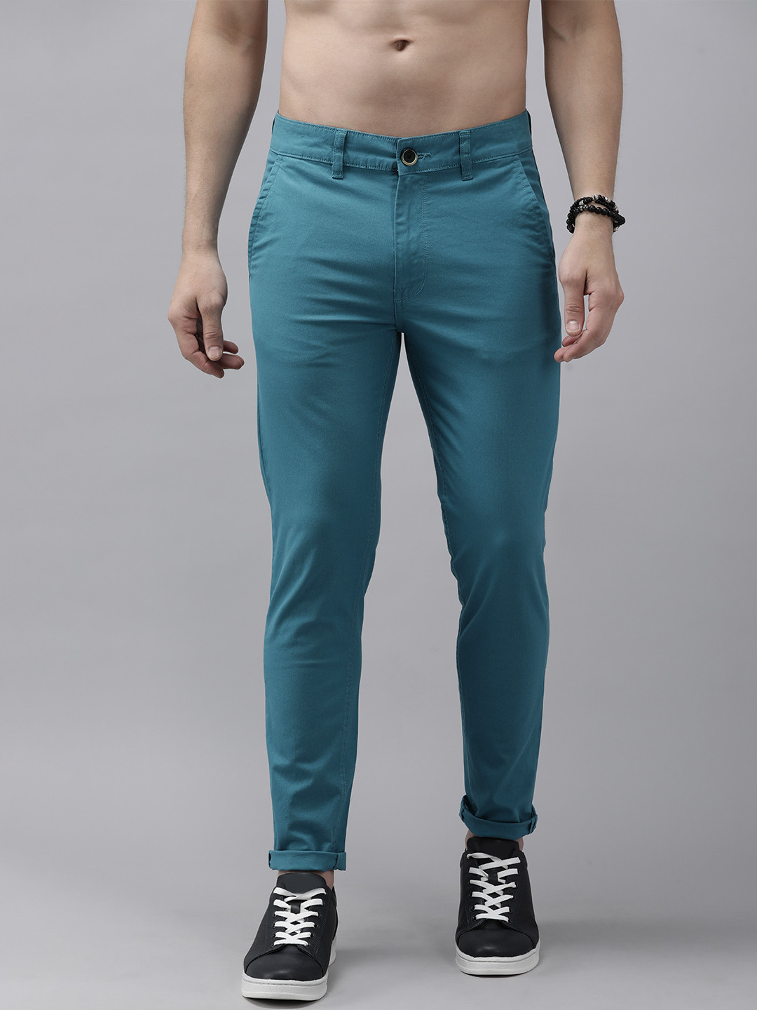 Roadster The Lifestyle Co Men Teal Solid Slim Tapered Fit Trousers