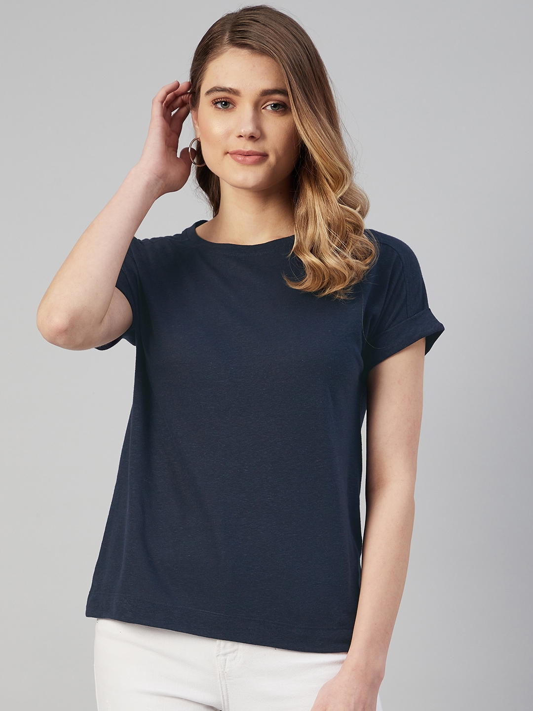 Marks & Spencer Women Navy Blue Linen Blend T-shirt