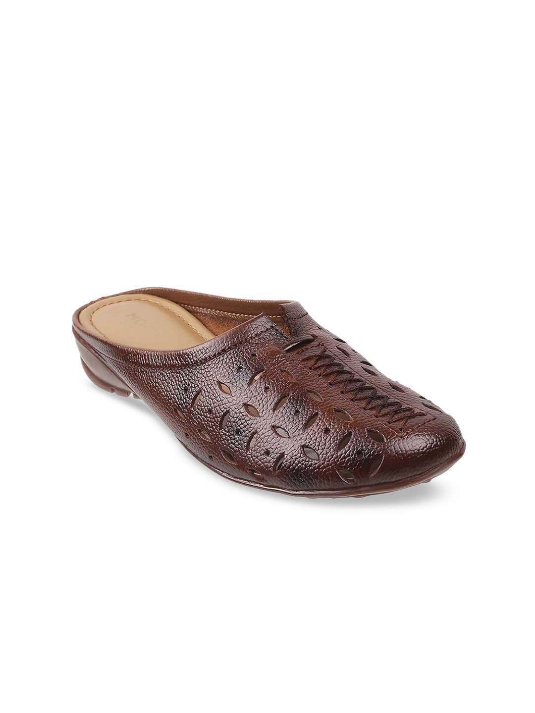 Mochi Women Rust Textured Mules with Laser Cuts Flats