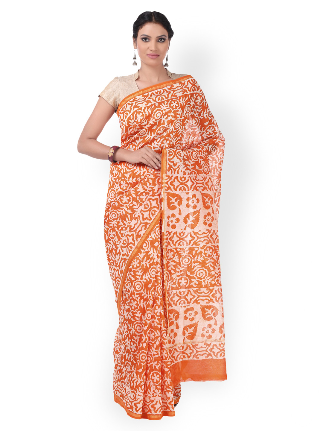Kalakari India Orange Chanderi Silk Batik Hand Block Print Handcrafted Sustainable Saree