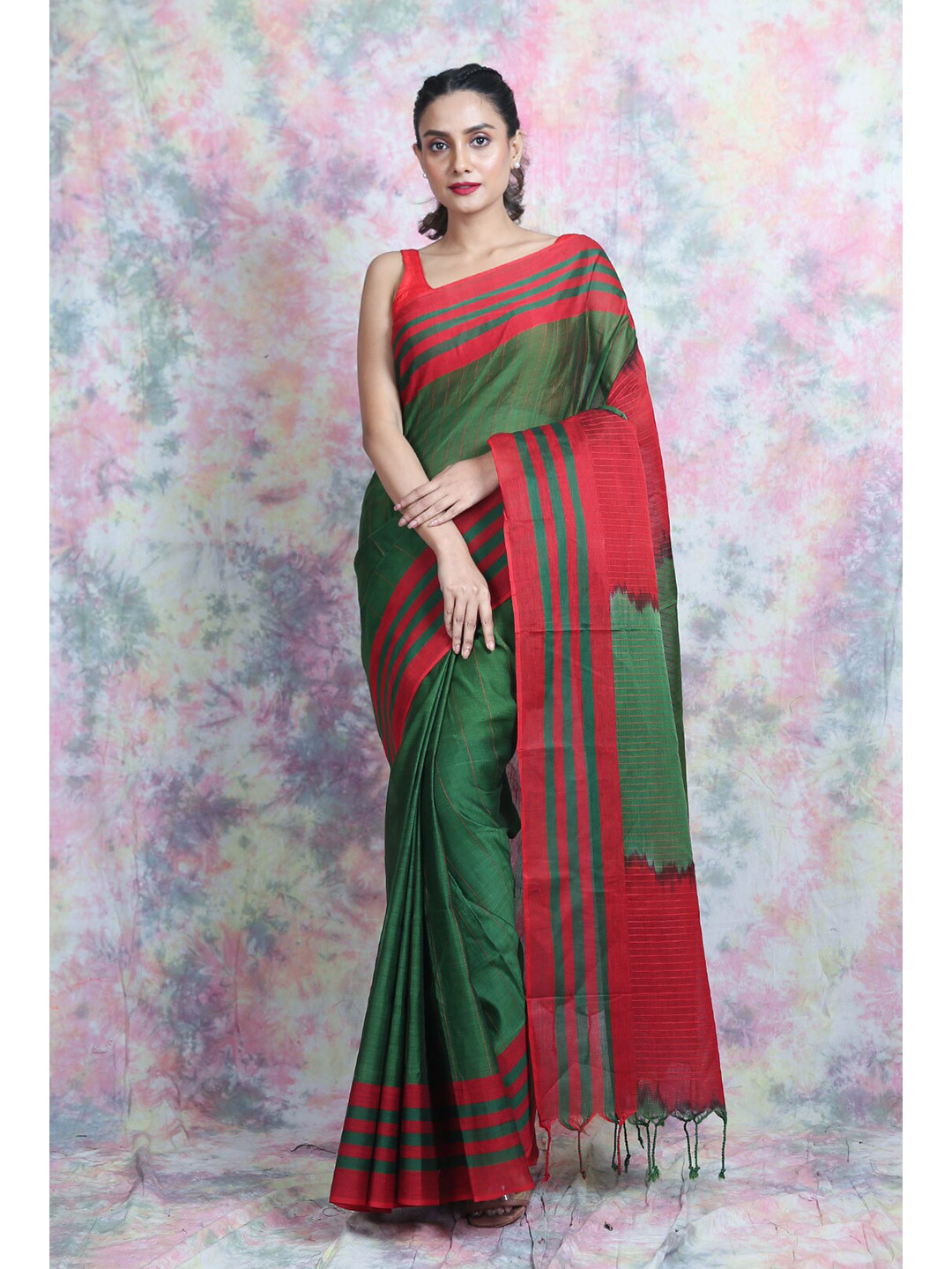 Charukriti Green & Red Pure Cotton Saree