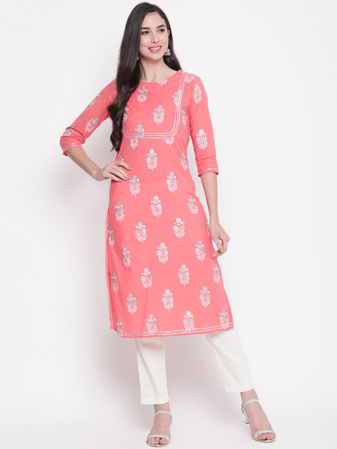 GLAM ROOTS Women Pink Floral Gotta Patti Floral Kurta