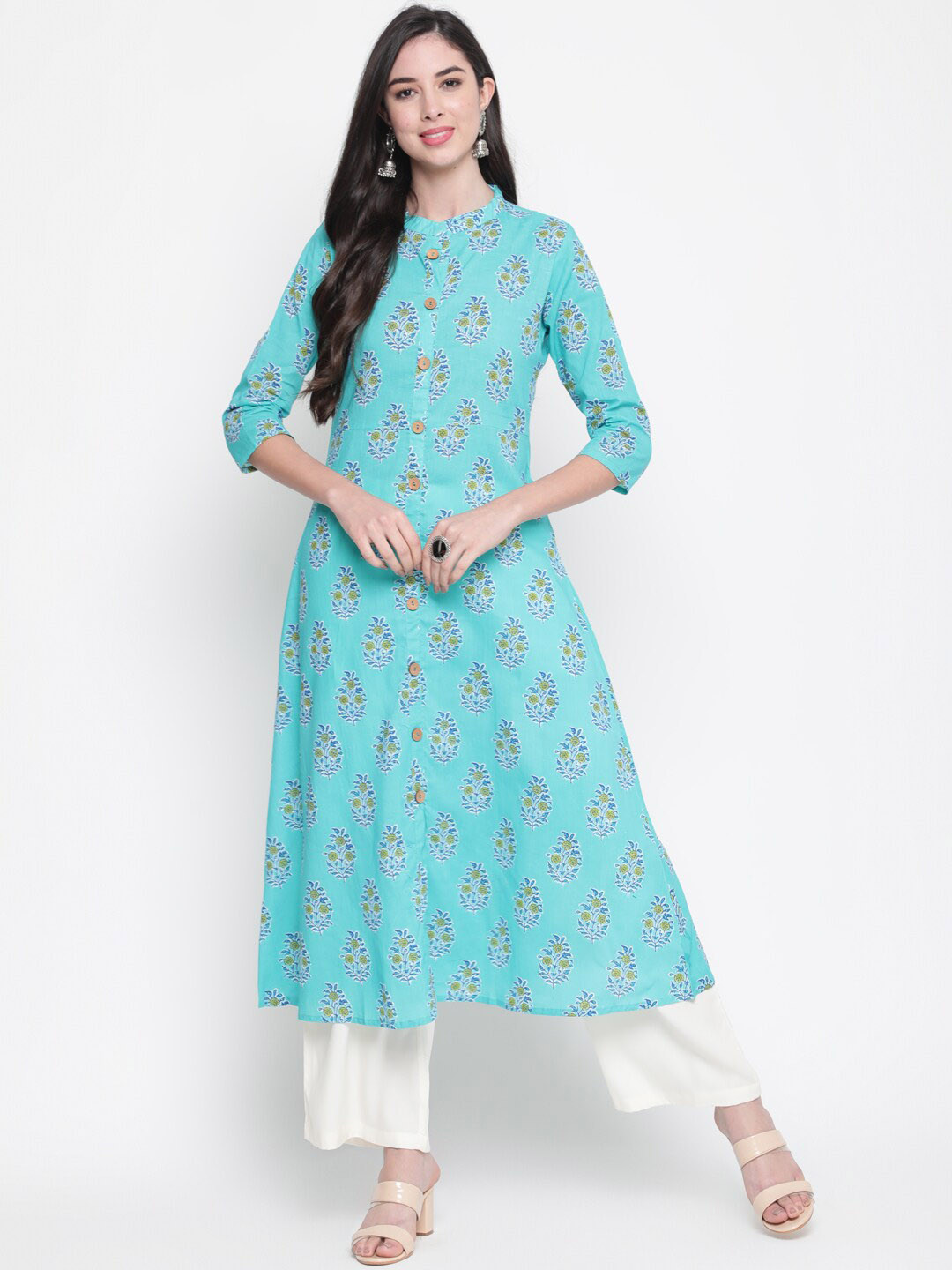 GLAM ROOTS Women Turquoise Blue Ethnic Motifs Screen Print Kurta