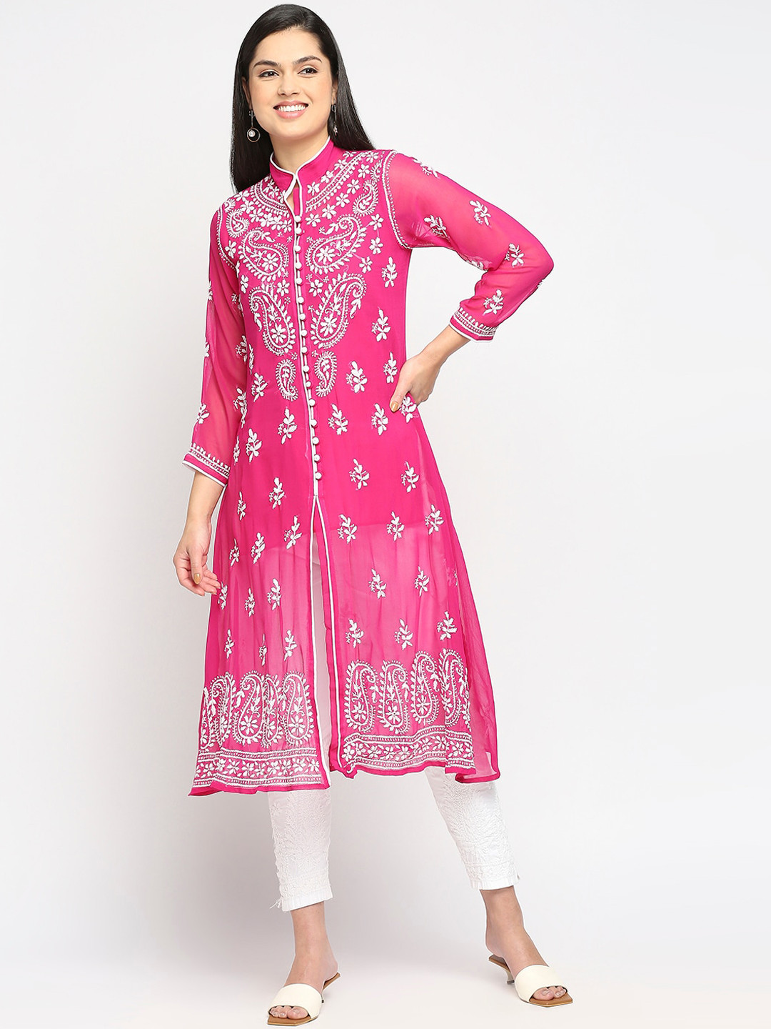 Indiankala4u Women Magenta Ethnic Motifs Chikankari Embroidered Georgette Kurta
