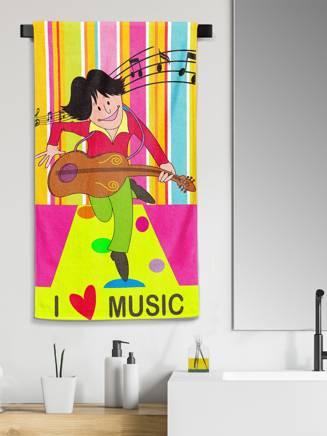 YK Kids Red & Yellow I Love Music Cartoon Printed 260 GSM Medium Cotton Bath Towels