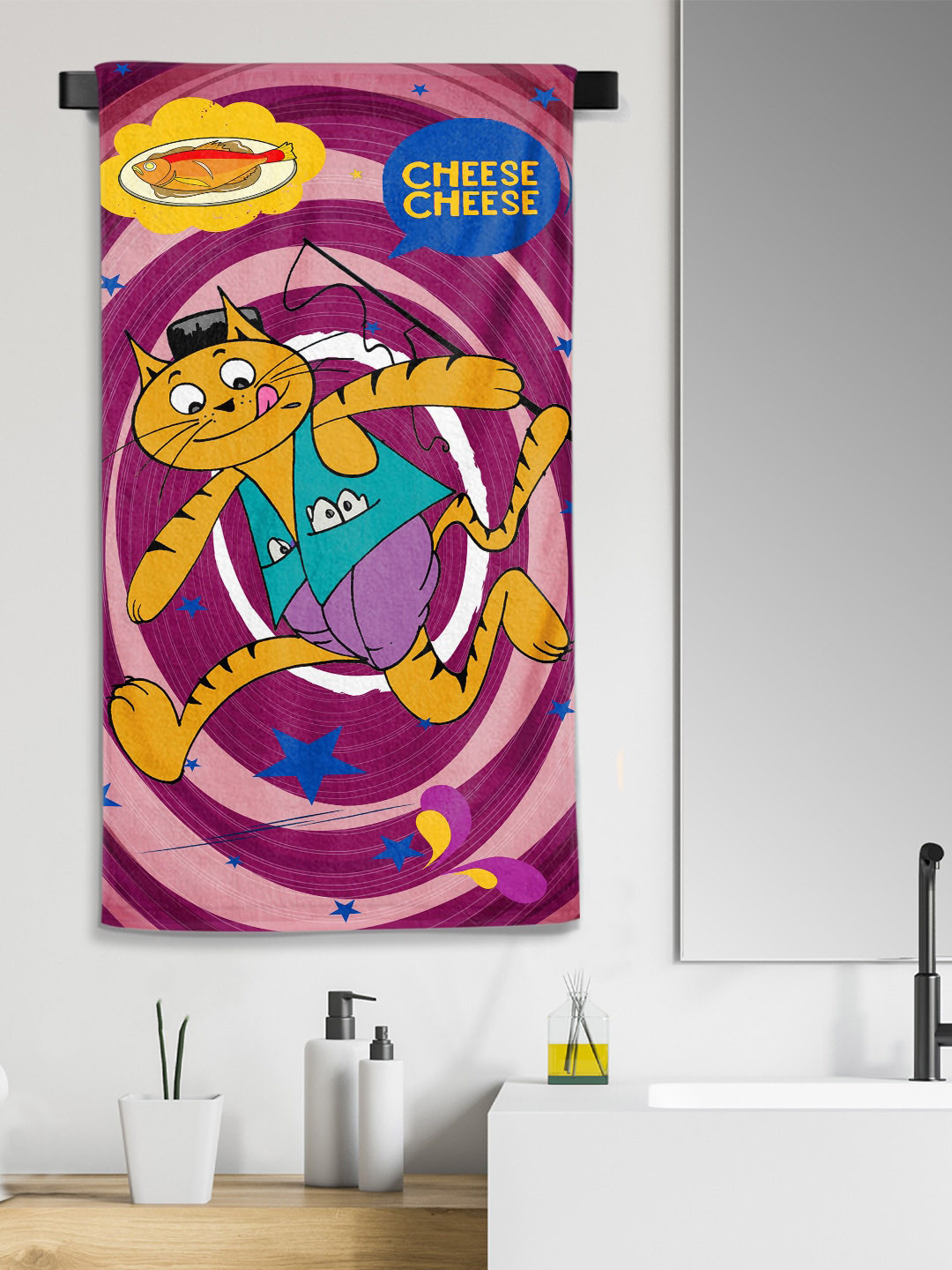 YK Kids Pink Cheese Cartoon Printed Medium Cotton Bath Towel in 300 GSM