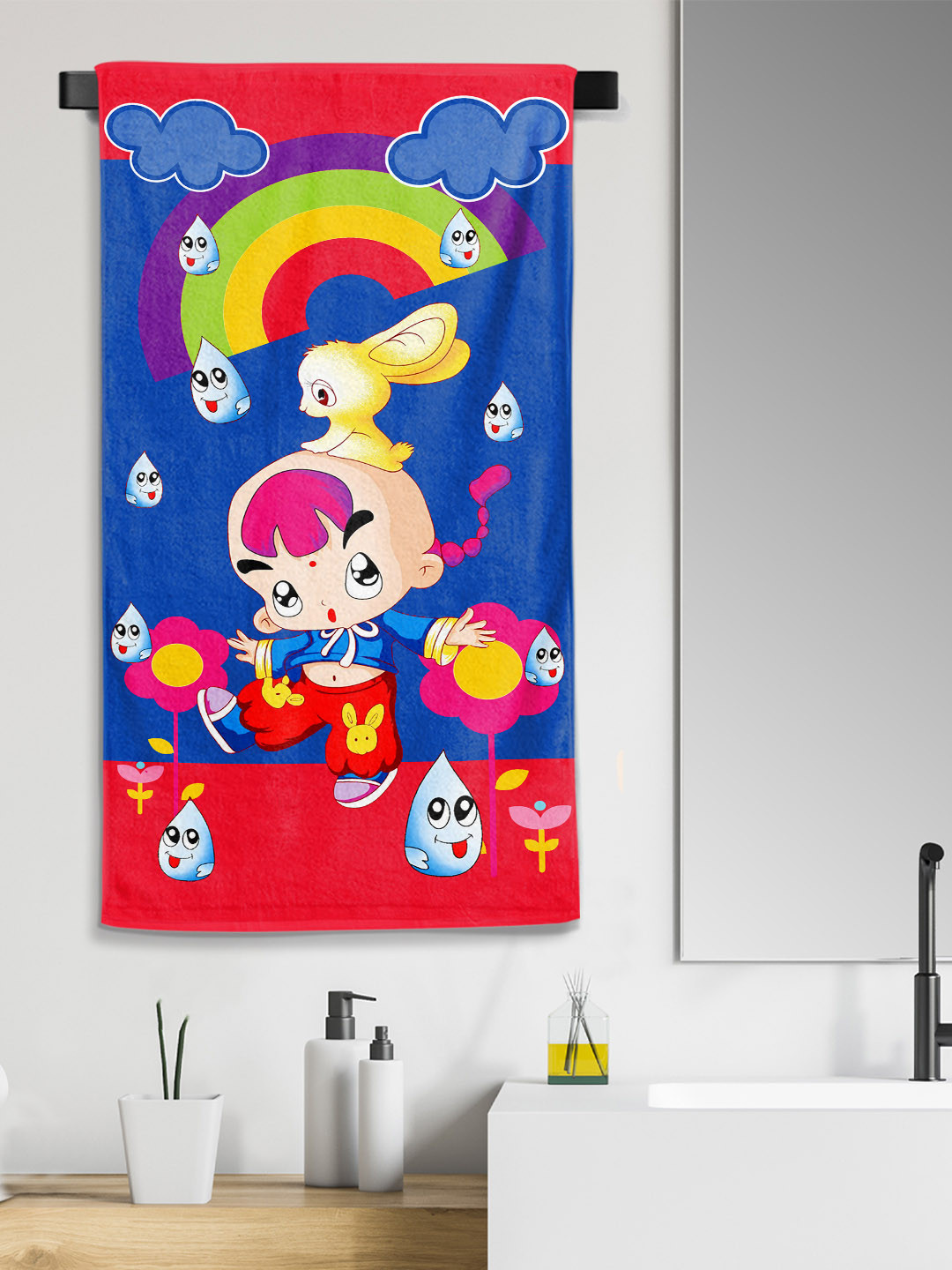 YK Kids Blue & Red Rainbow Cartoon Printed Organic Cotton 300 GSM Bath Towel