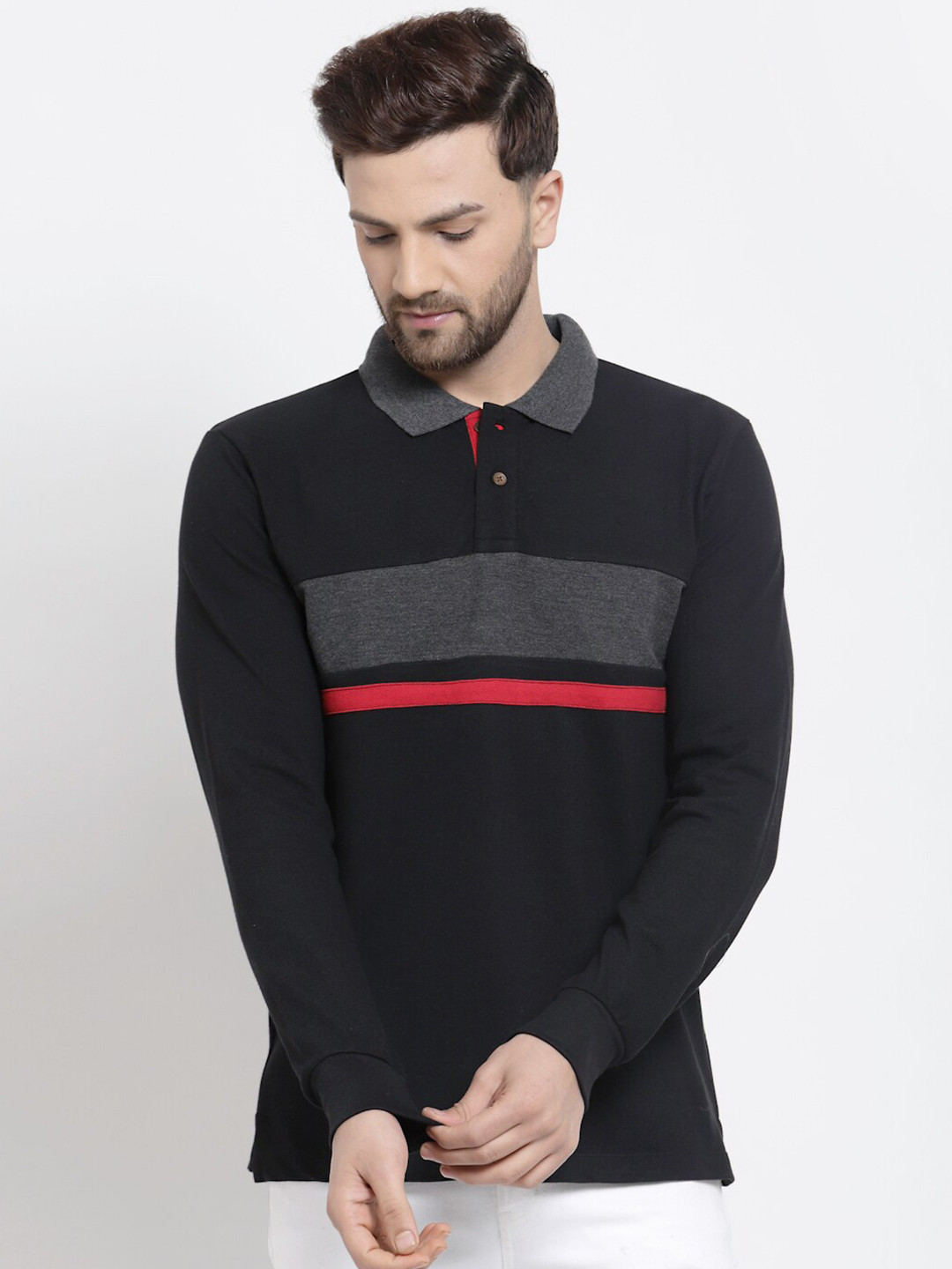 Kalt Men Black & Red Striped Polo Collar T-shirt