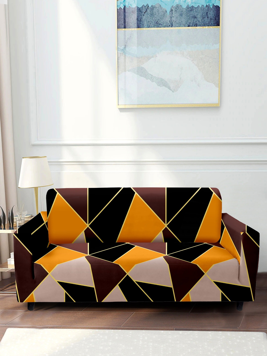 Cortina Orange & Black Printed 2-Seater Sofa Cover