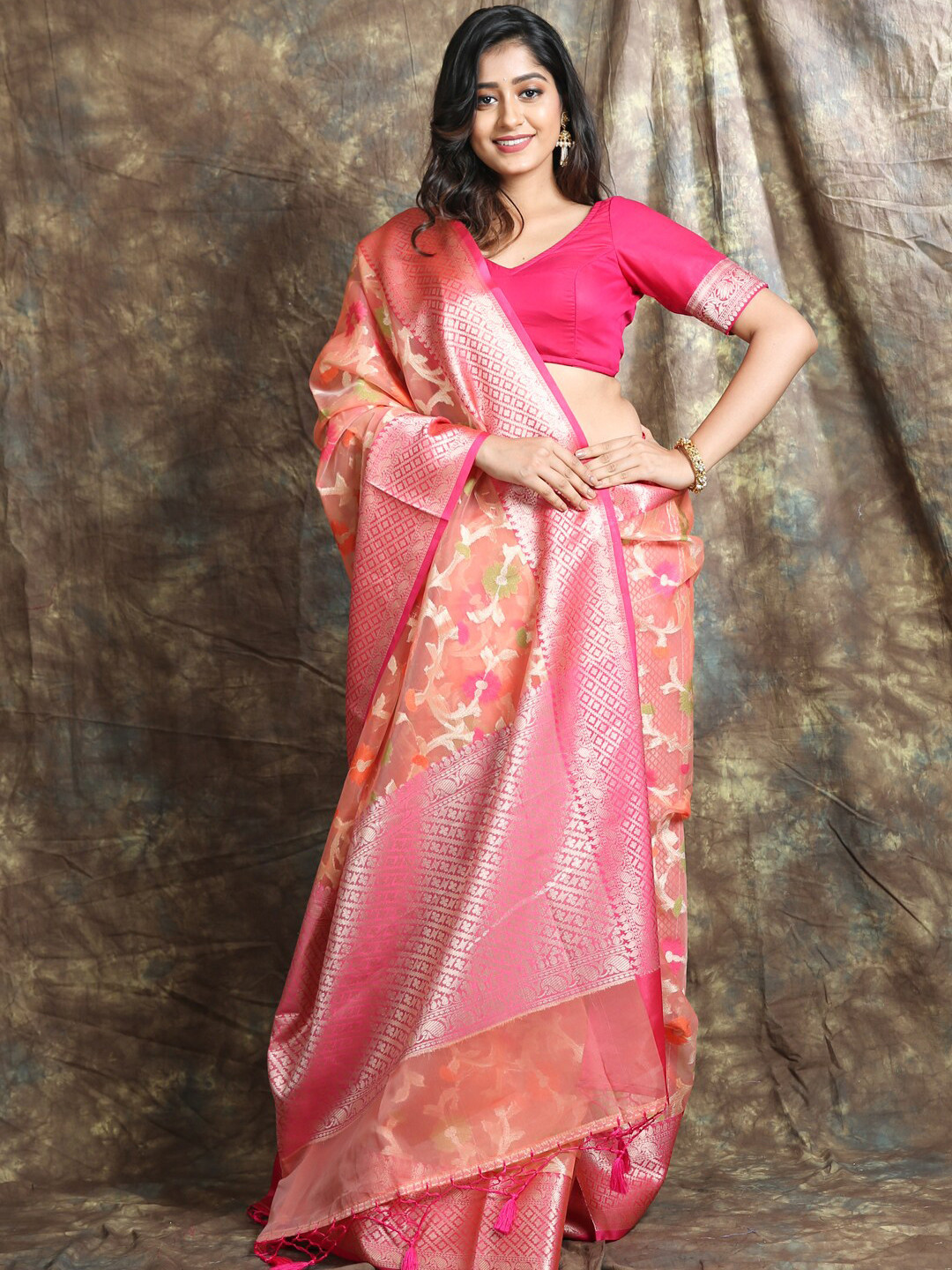 Charukriti Peach-Coloured & Pink Ethnic Motifs Zari Organza Saree