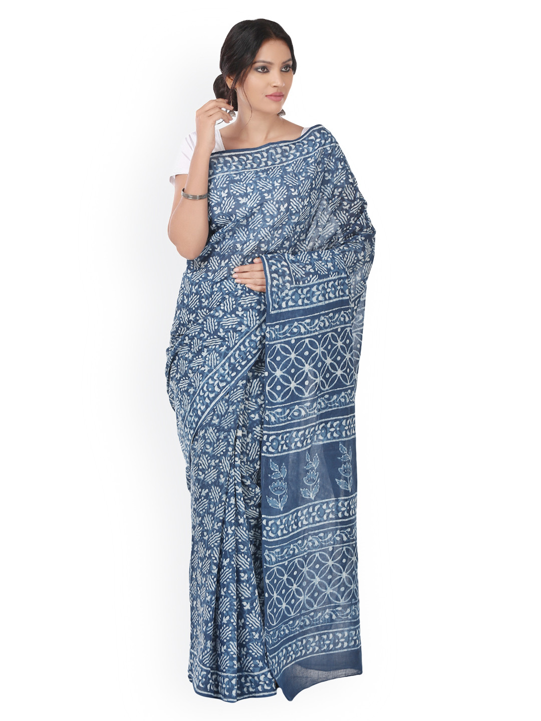 Kalakari India Indigo Dabu Hand Block Print Handcrafted Cotton Sustainable Saree