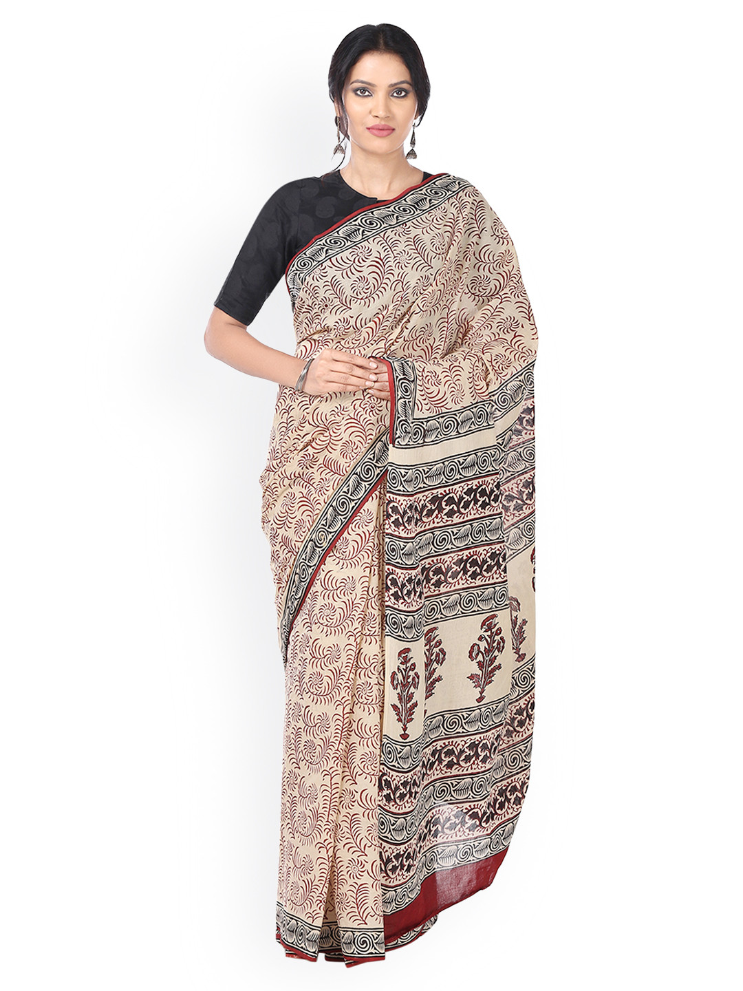 Kalakari India Beige Bagh Hand Block Print Handcrafted Cotton Sustainable Saree