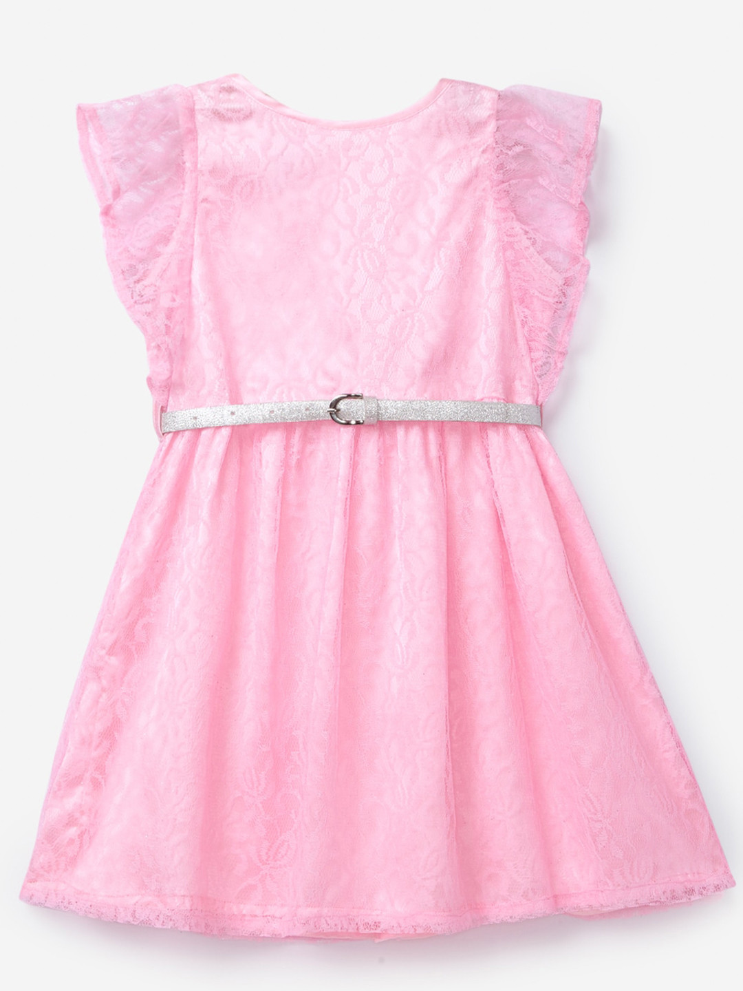 YK Girls Pink Belted Lace Dress