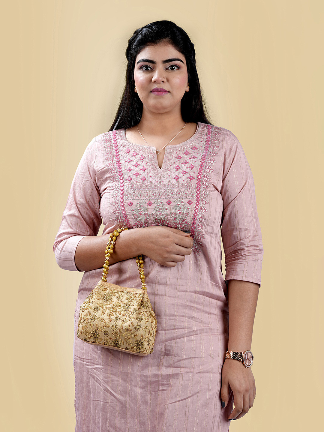 Metro Gold-Toned Floral Structured Handheld Bag with Applique