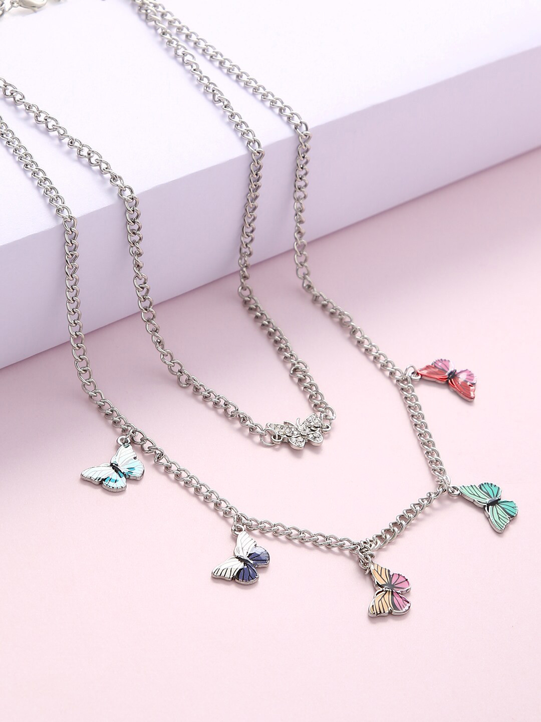 justpeachy Silver-Plated & Pink Layered Necklace