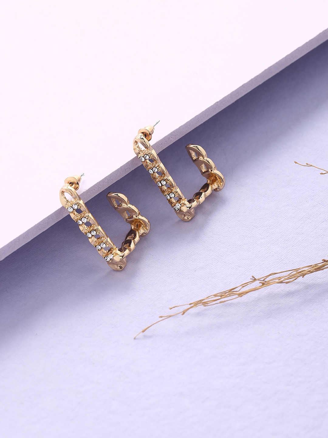 justpeachy Gold-Plated & White Square Half Hoop Earrings