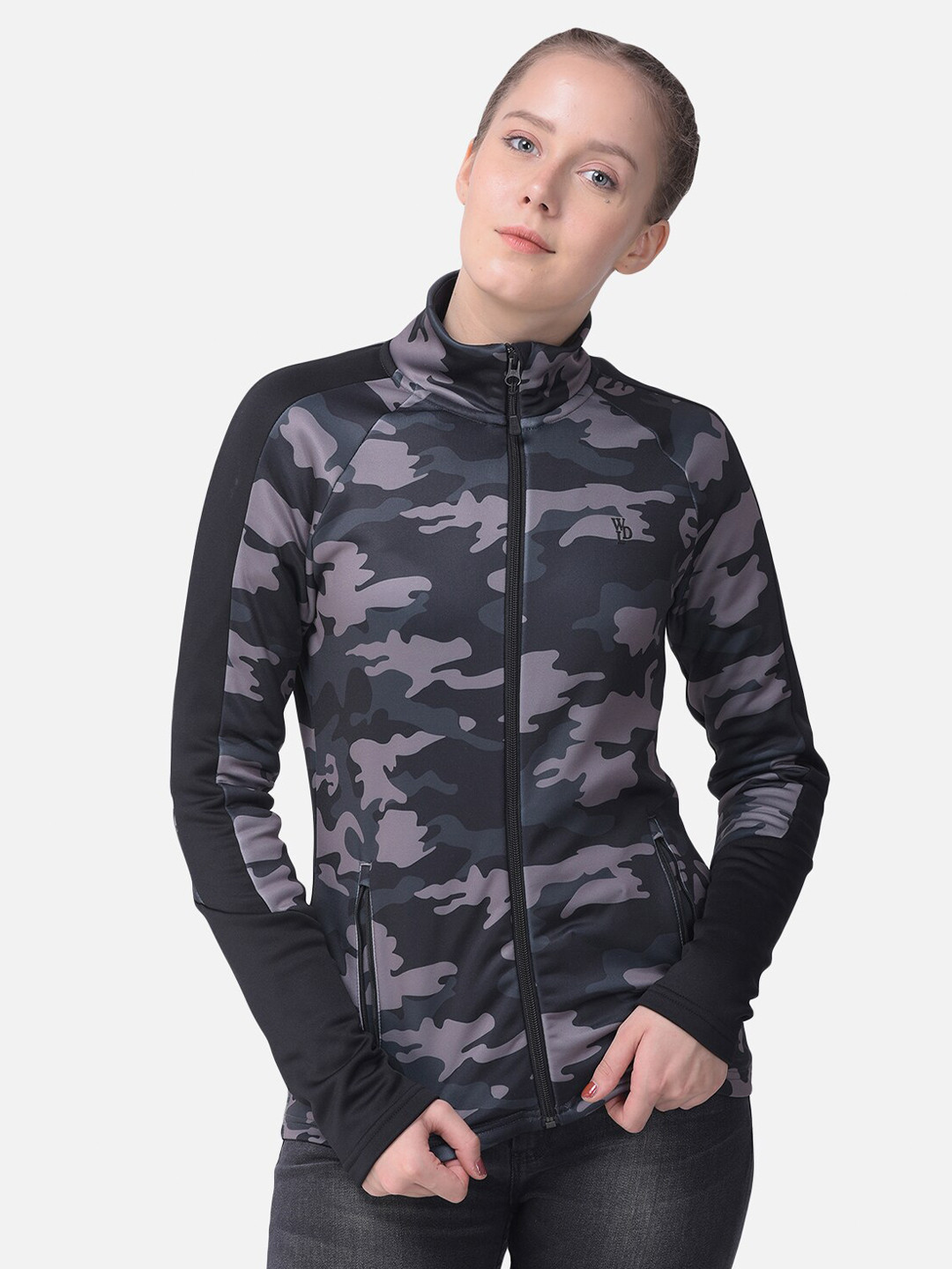 Woodland Women Grey & Black Camouflage Printed Sweatshirt